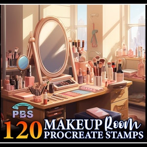 May include: A digital illustration of a makeup room with a vanity table, mirror, and various makeup products. The vanity table has a wooden top and drawers. The mirror is oval-shaped and has a wooden frame. The makeup products are arranged on the table and include brushes, lipsticks, eyeshadow palettes, and bottles of perfume. The text "120 MAKEUP ROOM PROCREATE STAMPS" is at the bottom of the image.