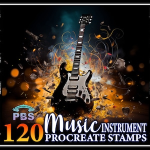 May include: A digital illustration of 120 music instrument stamps for Procreate. The image features a black electric guitar with a fiery background and a gold logo that says "Pro Brushes Store" and "PBS".