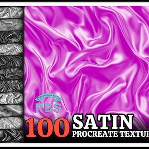 May include: A set of 100 digital Procreate textures featuring a satin fabric design in various shades of pink and white. The textures are perfect for creating realistic fabric effects in digital art.