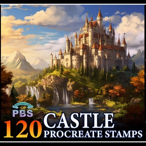 Pode incluir: Uma ilustração digital de um grande castelo branco com telhados vermelhos e torres, sobre um fundo de céu azul com nuvens brancas. O castelo está situado num penhasco com vista para um rio e uma cachoeira. A imagem é cercada por uma borda preta com um contorno branco do castelo repetido várias vezes. O texto "PBS 120 CASTLE PROCREATE STAMPS" é exibido na parte inferior da imagem.