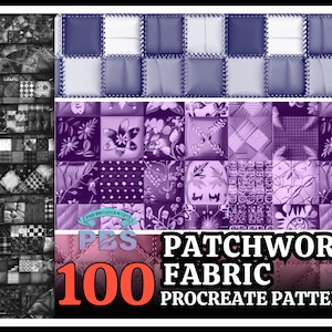 Peut inclure: Téléchargement numérique de 100 motifs de tissu patchwork pour Procreate. Les motifs sont dans des tons de violet et de gris, avec un motif floral.