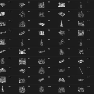 May include: A black and white illustration of 120 different musical instruments, including a piano, guitar, drums, trumpet, and violin. The illustrations are arranged in a grid pattern.