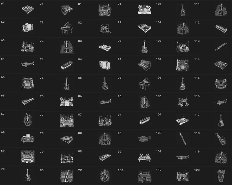 May include: A black and white illustration of 120 different musical instruments, including a piano, guitar, drums, trumpet, and violin. The illustrations are arranged in a grid pattern.