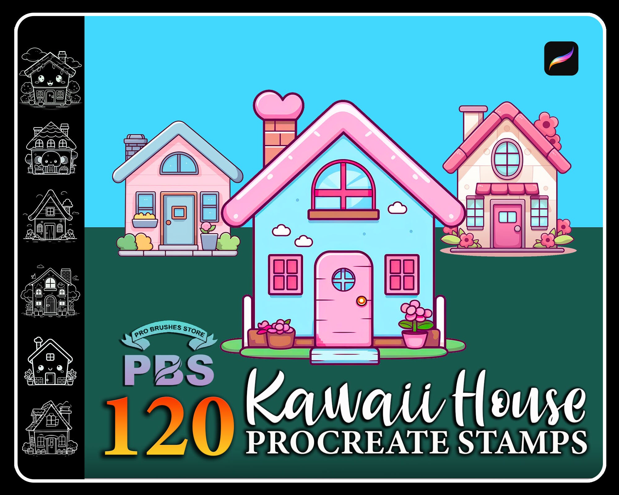 120 Procreate Kawaii House Stamps, Kawaii House brush for procreate, Procreate Cute House stamps