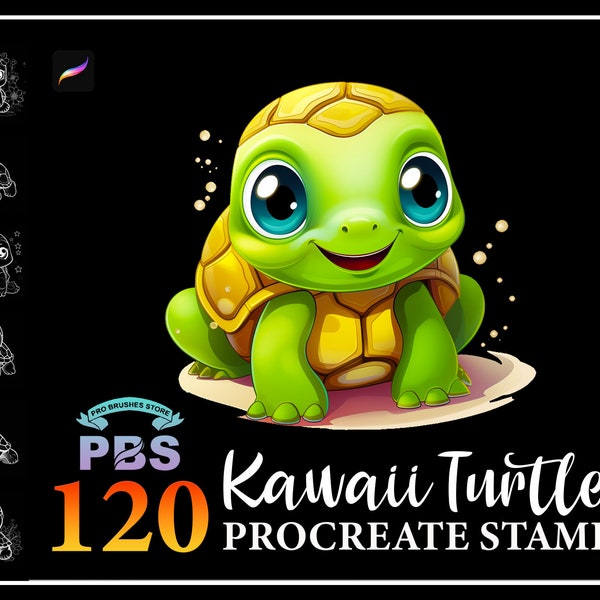 120 Procreate Kawaii Turtle Stamps, Pinceau Kawaii Turtle pour procréer, Procreate Cute Turtle stamps