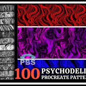 Peut inclure: Un ensemble de 100 motifs psychédéliques Procreate. Les motifs sont de différentes couleurs, notamment le rouge, le violet et le bleu. Les motifs sont abstraits et tourbillonnants.
