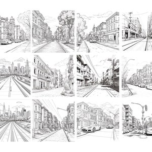Puede incluir: Una colecci&oacute;n de 10 dibujos en blanco y negro que representan diferentes calles de la ciudad. Los dibujos presentan edificios, aceras, farolas y coches. Los dibujos est&aacute;n todos en un estilo similar y est&aacute;n todos dibujados de forma realista.