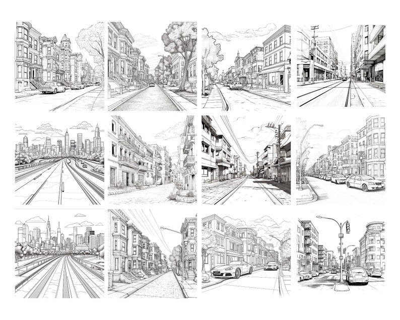 Puede incluir: Una colecci&oacute;n de 10 dibujos en blanco y negro que representan diferentes calles de la ciudad. Los dibujos presentan edificios, aceras, farolas y coches. Los dibujos est&aacute;n todos en un estilo similar y est&aacute;n todos dibujados de forma realista.