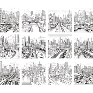 May include: A black and white illustration of a city skyline with multiple highways and bridges. The illustration is divided into nine squares, each showing a different perspective of the city.