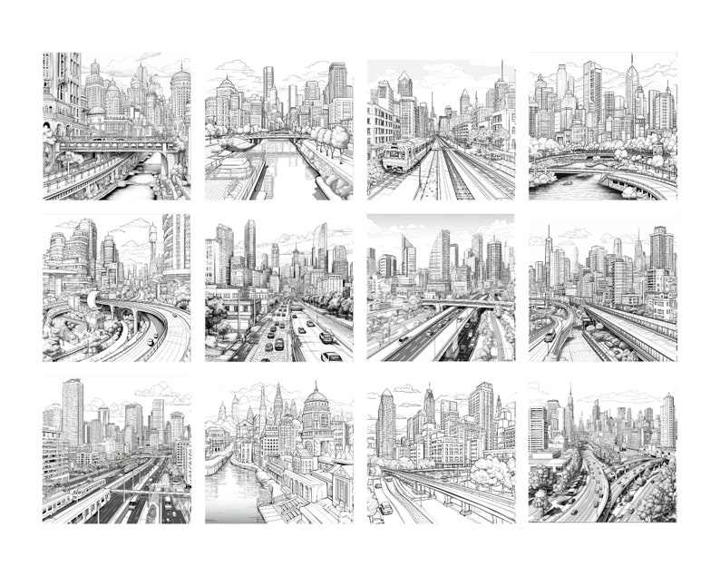 May include: A black and white illustration of a city skyline with multiple highways and bridges. The illustration is divided into nine squares, each showing a different perspective of the city.