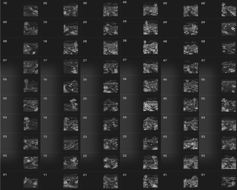 May include: A grid of 60 black and white images, each showing a different landscape scene. The images are numbered from 1 to 60, with the numbers arranged in rows and columns.