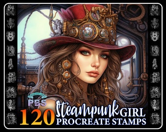 120 Steampunk Girl Procreate Stamps: Retro-Futuristic Brushes (Digital Download)