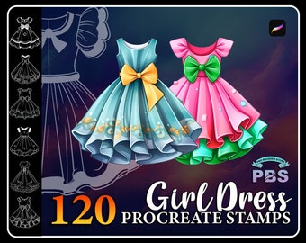 120 Procreate Little Girl Dress Stamps, Girl Fashion stamps for procreate, Girl Clothes Brush for procreate