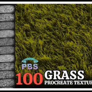 May include: Digital art asset featuring 100 grass Procreate textures. The image showcases a variety of grayscale textures on the left and a vibrant green grass texture on the right. The text "PBS" and "100 GRASS PROCREATE TEXTURES" are also visible.
