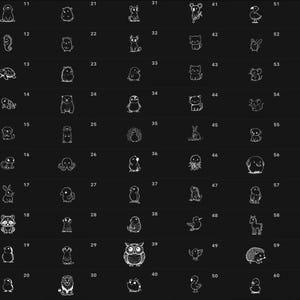 Puede incluir: Una cuadr&iacute;cula de ilustraciones en blanco y negro con 60 iconos de animales diferentes. Los iconos est&aacute;n dispuestos en 10 filas de 6 iconos cada una. Los iconos incluyen una variedad de animales, como un ping&uuml;ino, una tortuga, un gato, un perro, un p&aacute;jaro, un pez, un conejo, un oso, una jirafa y un ciervo.