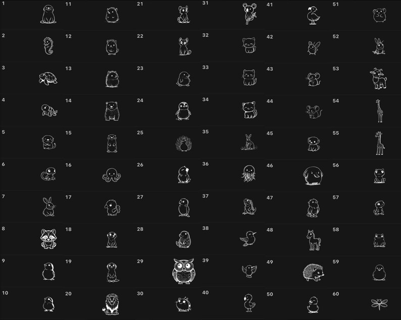 Puede incluir: Una cuadr&iacute;cula de ilustraciones en blanco y negro con 60 iconos de animales diferentes. Los iconos est&aacute;n dispuestos en 10 filas de 6 iconos cada una. Los iconos incluyen una variedad de animales, como un ping&uuml;ino, una tortuga, un gato, un perro, un p&aacute;jaro, un pez, un conejo, un oso, una jirafa y un ciervo.