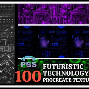 May include: A set of 100 futuristic technology Procreate textures. The textures feature a variety of abstract patterns in shades of blue, green, purple, and black.