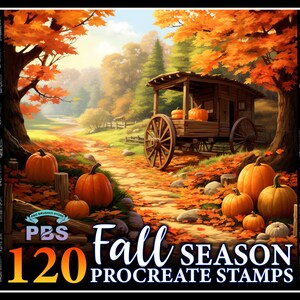 May include: 120 Procreate stamps featuring a fall scene with a wooden wagon, pumpkins, and a path through a forest with colourful autumn leaves.