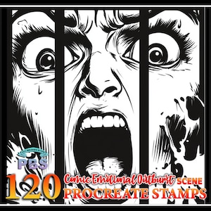 May include: Black and white illustration of a person's face with a wide open mouth, screaming. The image is divided into three sections by black lines. The text "Comic Emotional Outburst SCENE 120 PROCREATE STAMPS" is at the bottom of the image.