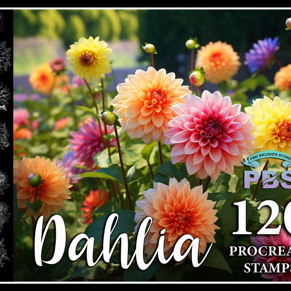 120 Procreate Dahlia Stamps, Dahlia brush for procreate, Flower procreate stamp, instant digital download.