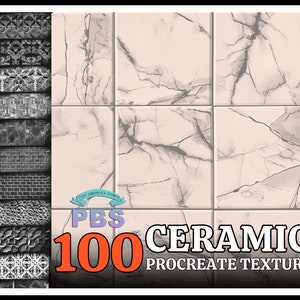 Puede incluir: Una descarga digital de 100 texturas de azulejos de cerámica para Procreate. La imagen muestra un primer plano de un azulejo de cerámica blanco con vetas grises.