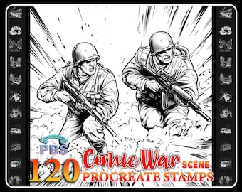 120 sellos de escena de guerra de cómics de Procreate, sellos de guerra para Procreate, pinceles para sellos de conflicto, sellos de cómics de Procreate