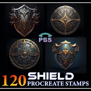 May include: A set of 120 digital shield stamps for Procreate. The stamps feature a variety of shield designs, including round, oval, and pointed shields. The shields are decorated with intricate details, such as floral patterns, geometric shapes, and metal accents.