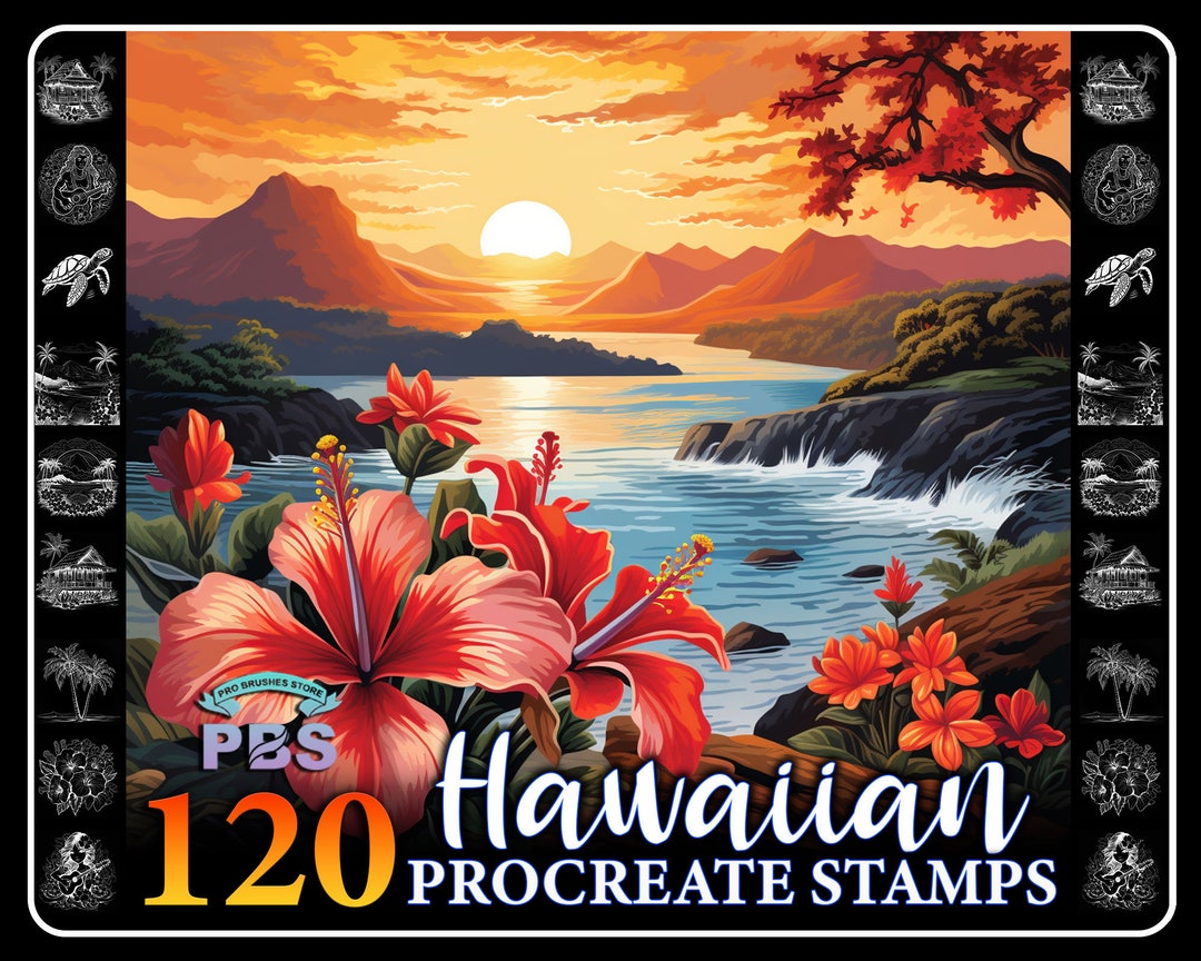 120 Procreate Hawaiian Stamps, Hawaiian Stamps for Procreate, Beach