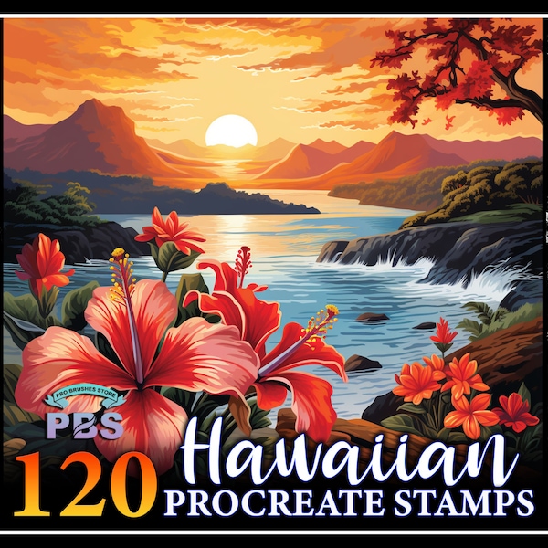 120 Procreate Hawaiian Stamps, Hawaiian stamps for procreate, Beach Procreate stamp, Hawaii Scene brushes procreate