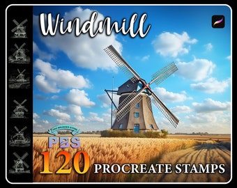 120 Windmill Procreate Stamps: Dutch Architecture Brush (Digital Download)