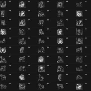 May include: A grid of 60 black and white line drawings of tigers in various poses. The drawings are arranged in rows of 6, with each row numbered from 1 to 10. The drawings are all in a similar style, with a focus on the tiger's head and body.