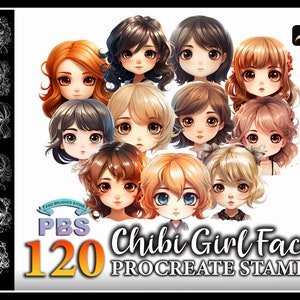 120 Procreate Chibi girl Face Stamps, Chibi Girl Face brush for procreate, Chibi Character Stamp for procreate