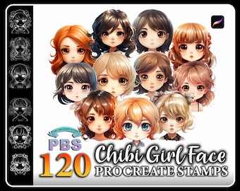 120 timbri Procreate Chibi Girl Face: set di pennelli (download digitale)