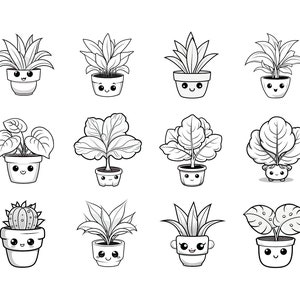 May include: A set of 10 black and white line drawings of cute potted plants with happy faces. The plants include a cactus, a fern, a succulent, and a variety of leafy plants.