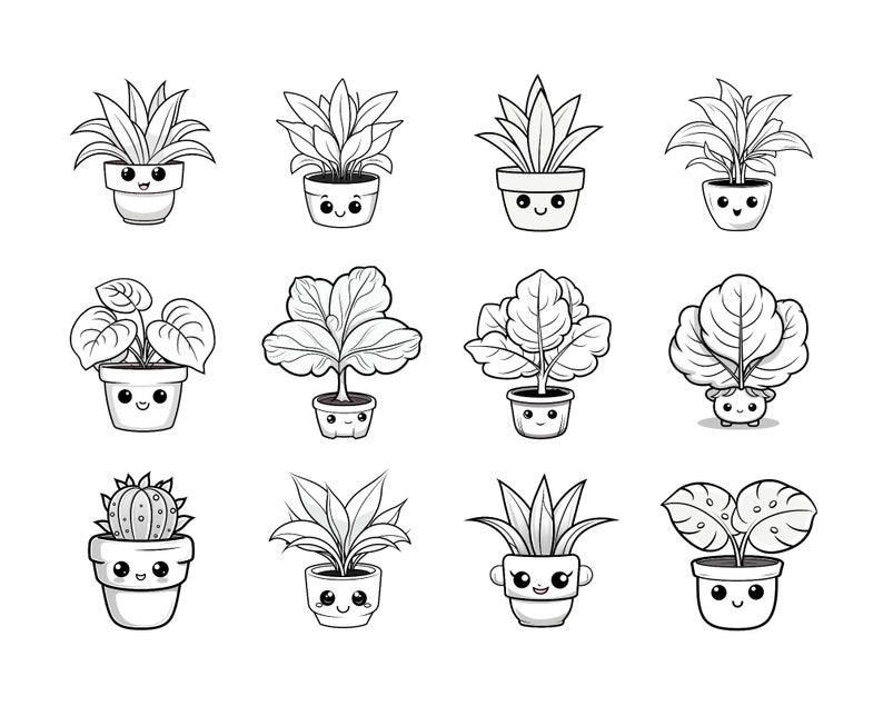 May include: A set of 10 black and white line drawings of cute potted plants with happy faces. The plants include a cactus, a fern, a succulent, and a variety of leafy plants.