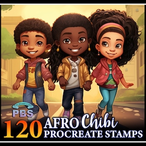 120 timbri Procreate Afro Chibi, timbri Chibi afroamericani per procreate, timbro personaggio Chibi per procreate