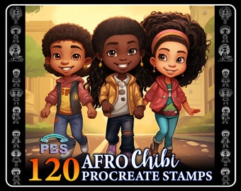 120 Procreate Afro Chibi Stamps, African American Chibi stamps for procreate, Chibi Character Stamp for procreate