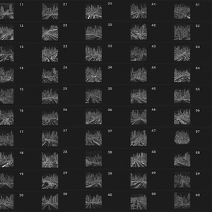 May include: A grid of 60 black and white line drawings of cityscapes. Each drawing is a different perspective of a city skyline with buildings, roads, and bridges.