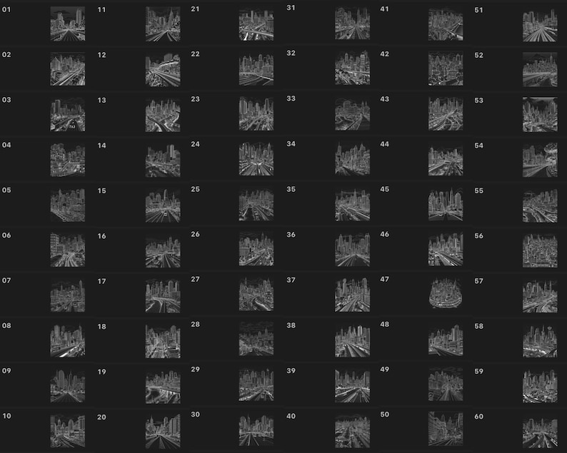 May include: A grid of 60 black and white line drawings of cityscapes. Each drawing is a different perspective of a city skyline with buildings, roads, and bridges.