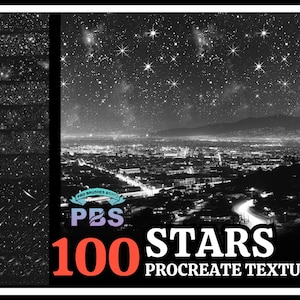 Może przedstawiać: Czarno-białe zdjęcie nocnego nieba z gwiazdami i panoramą miasta w oddali. Tekst "100 STARS PROCREATE TEXTURE" jest w czerwonych i białych literach na dole obrazu.