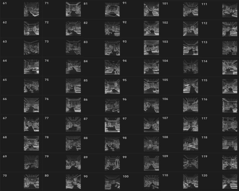 May include: A collection of 120 black and white images of a room interior. The images are arranged in a grid of 10 rows and 12 columns. Each image shows a different perspective of the room, with furniture, walls, and other details visible.