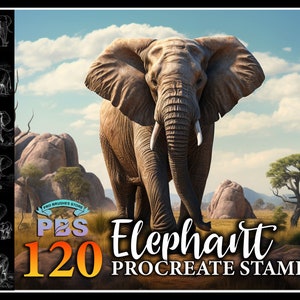 May include: A set of 120 Procreate stamps featuring an elephant in a natural setting. The stamps are designed for use in the Procreate app and are perfect for adding a touch of wildlife to your digital art.