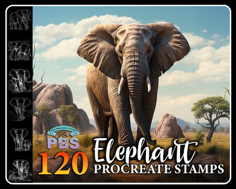 May include: A set of 120 Procreate stamps featuring an elephant in a natural setting. The stamps are designed for use in the Procreate app and are perfect for adding a touch of wildlife to your digital art.