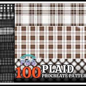 Puede incluir: Una descarga digital de 100 patrones de cuadros para Procreate. Los patrones son de varios colores y estilos, incluyendo blanco y negro, marrón y blanco, y rojo y blanco.