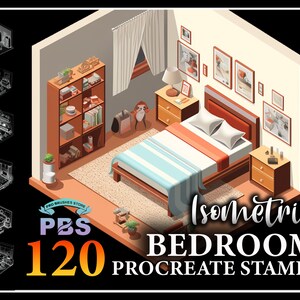 120 Procreate Isometric Bedroom Stamps, Isometric Bed Room stamps for procreate, Isometric Interior procreate brush.