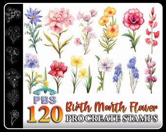 120 Birth Month Flower Procreate Stamps & Brushes (Digital Download)