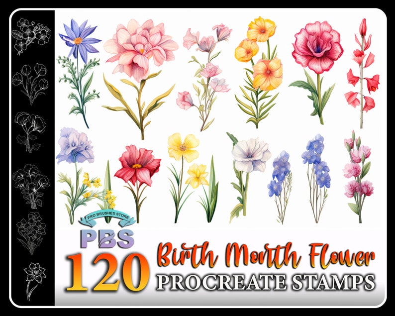120 Birth Month Flower Procreate Stamps & Brushes (digital Download) - Etsy
