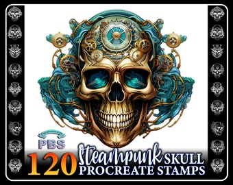120 Steampunk Skull Procreate Stamps: Eerie Mechanical Art (Digital Download)
