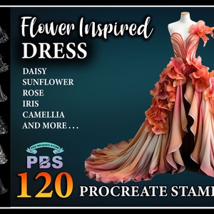 120 Procreate フラワー インスパイア ドレス スタンプ、Procreate 用ウェディング ドレス ブラシ、ファッション Procreate スタンプ