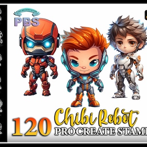 120 Procreate ちびロボット スタンプ、Procreate 用ちびロボット キャラクター スタンプ、Procreate 用かわいいロボット スタンプ ブラシ